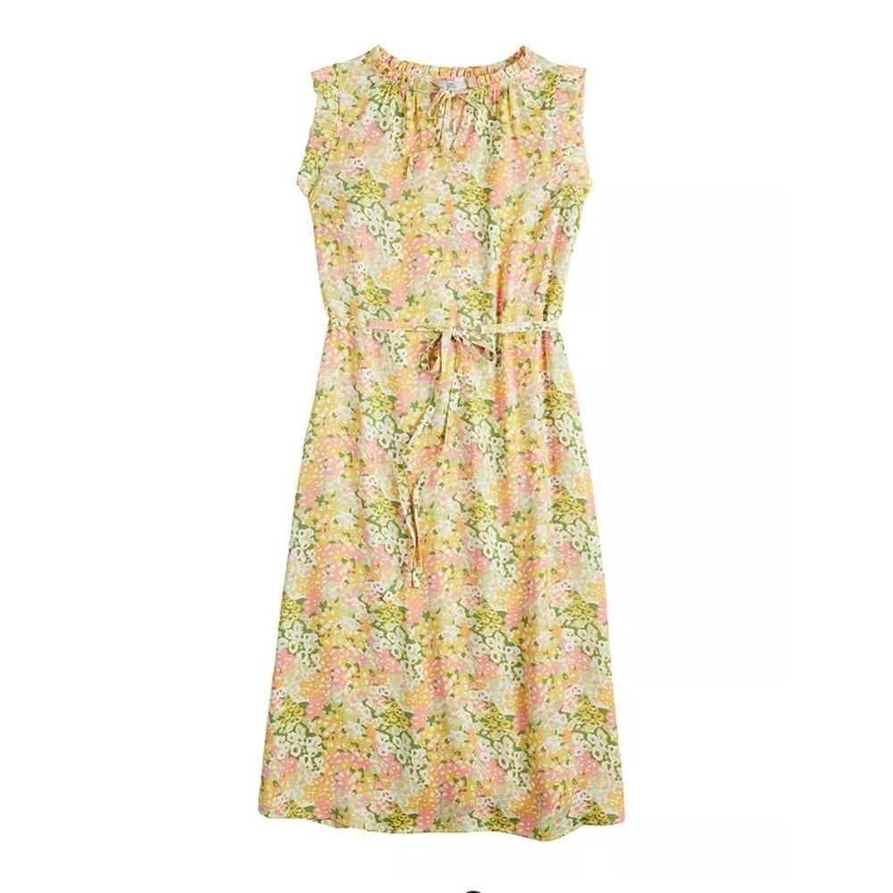 Croft & Barrow Midi Dress Sleeveless Ruffle Floral Pastel Belted Size Medium